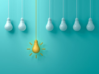 Fototapete - Think different concept One hanging  yellow idea light bulb standing out from white unlit bulbs on blue green pastel color background leadership and individuality creative idea concepts 3D rendering