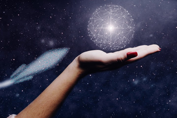 Leinwandbilder - Human hand holding spaceship low poly. Nebula dust. Mixed media.