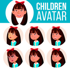 Wall Mural - Asian Girl Avatar Set Kid Vector. Kindergarten. Face Emotions. Preschool, Baby, Expression. Birth, Life, Emotional. Print, Invitation. Cartoon Head Illustration