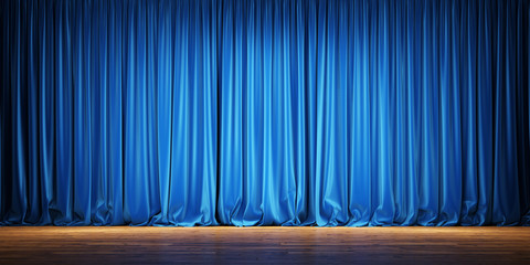 Wall Mural - empty theater stage with blue velvet curtains. 3d illustration