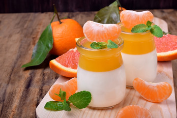 Wall Mural - Creamy panna cotta and orange citrus jelly. Two layered dessert surrounded by fruits