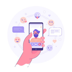 Video chat application concept. FEale hand holding smart phone with young man with beard on display. Flat vector illustration.