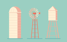 Agriculture. Farm Building. Drinking Water Tower. Windmill Waterpump And Silo Srorage Barn For Corn And Harvest.