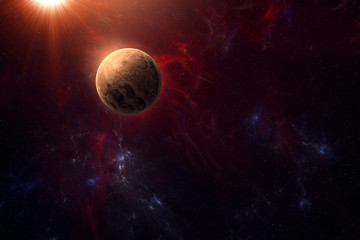 Wall Mural - red planet near sun. the planet of venus near the sun. space illustration background with planet. sc