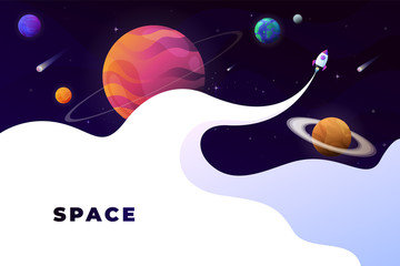 Wall Mural - Space flat vector background, planets and stars. Space for your text.