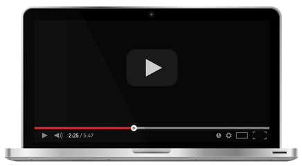 Realistic modern 4k laptop isolated on white background. Classic video player template on screen. Online video watching conecpt. Vector illustration