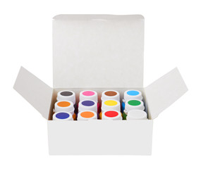 Color gouache jars and color acrylic paints in box