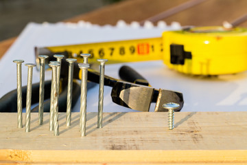 The nails are half hammered into the board and the ticks open next to them