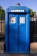 Blue Police Call Box Installed In Glasgow Close To Entrance To Botanical Gardens. Designed As Tardis The Doctor Who Time Machine