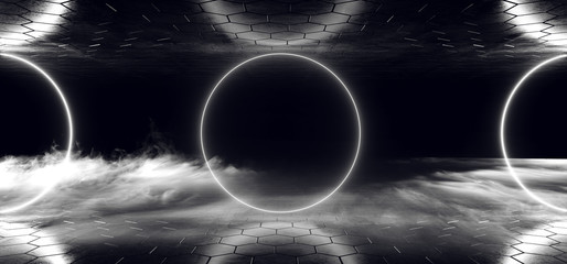 Dark White Glowing Smoke Fog Empty Sci Fi Modern Futuristic Grunge Reflective Concrete Room With Circle Shaped Neon Led Laser Shape Empty Space 3D Rendering