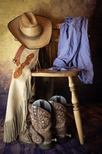 "A Resting Place" After A Good Ride Or A Hard Days Work The Hat, Boots Spurs, Chaps And Work Shirt Are Placed On A Chair To Rest.