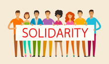 People Holding Blank Banner. Solidarity, Cohesion, Unity Concept. Vector Illustration