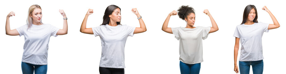 Sticker - Collage of group of chinese, arab, african american woman over isolated background showing arms muscles smiling proud. Fitness concept.