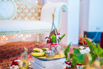 Indian wedding ceremony ritual items and decorations