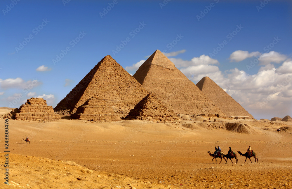 pyramids giza cairo in egypt with camel caravane panoramic scenic view - obrazy, fototapety, plakaty 