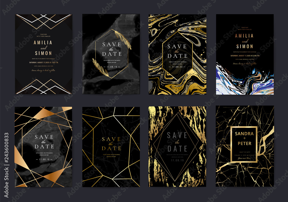Wedding invitation cards collection with indigo marble texture background and Copper gold geometric  line design vector. - obrazy, fototapety, plakaty 