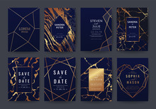 Wedding Invitation Cards Collection With Indigo Marble Texture Background And Copper Gold Geometric  Line Design Vector.
