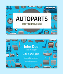 Autoparts business card template. Stuff for your car. Car service card vector illustration. Car details, repair, gear brake, seat, windshield, wheel, bumper, door, engine component.