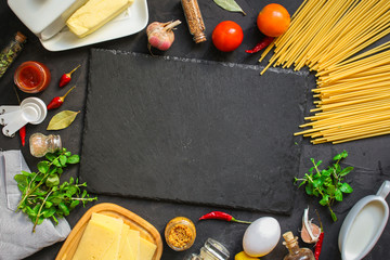 pasta, long, Spaghetti or Bucatini (ingredients for pasta and sauce) set of ingredients. food background. copy space