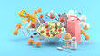 © Garfieldbigberm - Salads, milk, eggs, dumbbell, exercise ropes amid colorful balls on blue background.-3d rendering.