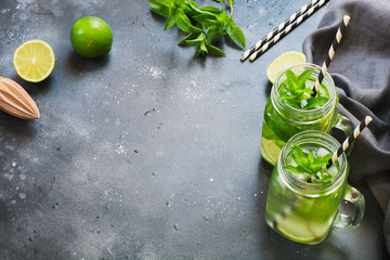 Mojito cocktail in mason jar on black. Top view. Copy space.