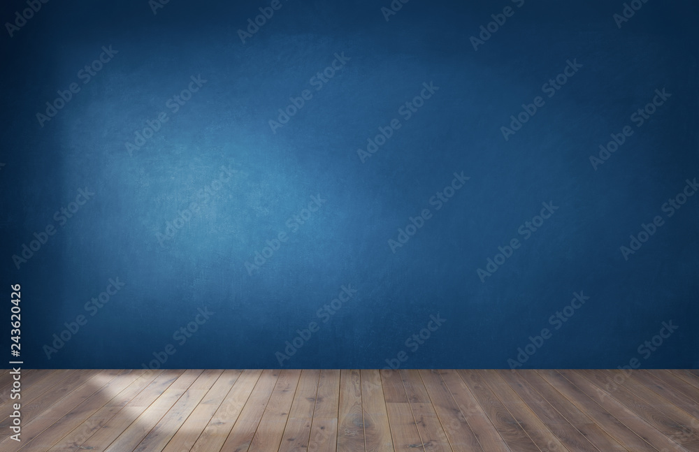 Dark blue wall in an empty room with a wooden floor - obrazy, fototapety, plakaty 