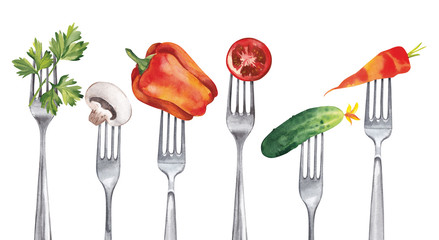  A set of healthy vegetables, such as cucumber, carrots, paprika, parsley, champignon, tomato, impaled on forks.