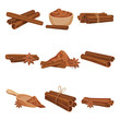 Flat vector set of rolled cinnamon sticks and powder. Aromatic condiment for food and drinks. Fragrant spice