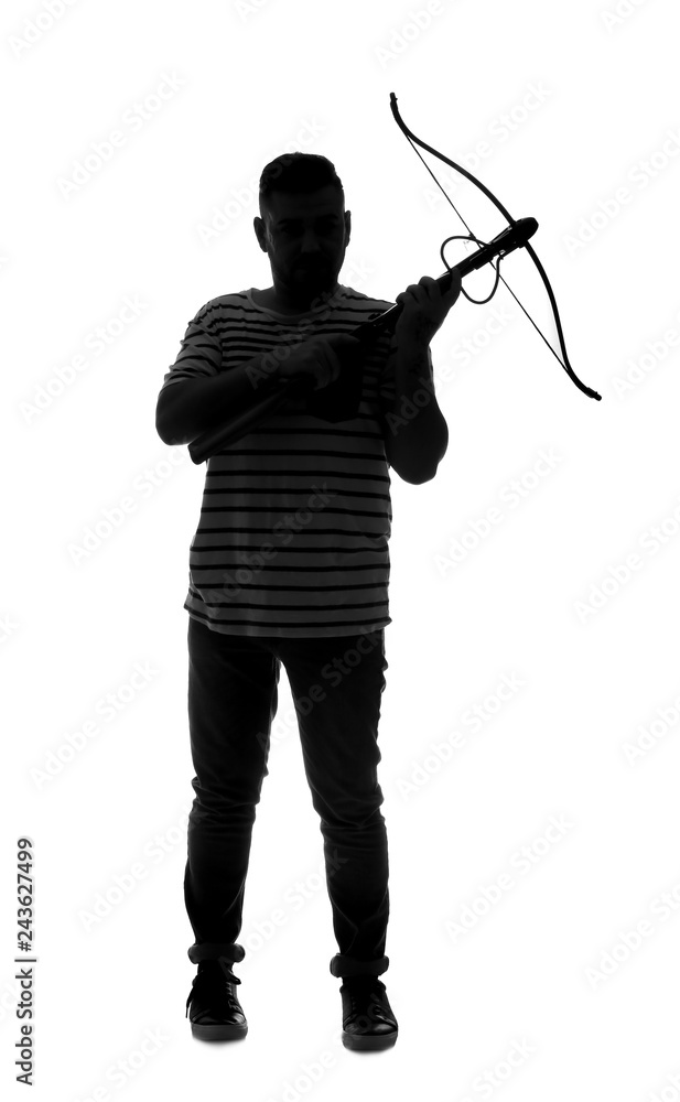 Portrait of man with crossbow on white background