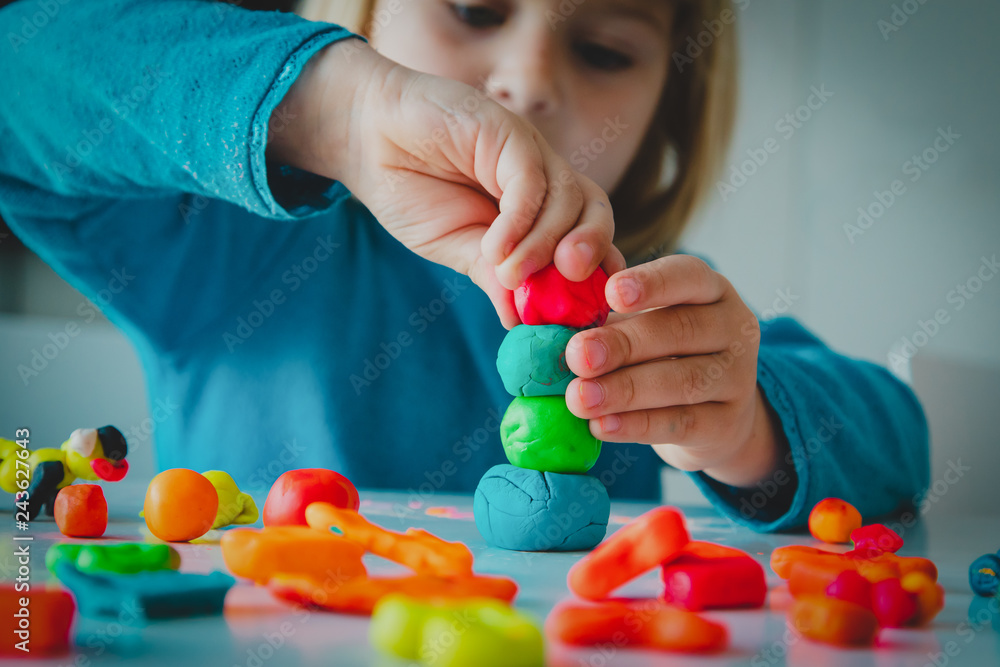 Child playing with clay molding shapes, kids crafts - obrazy, fototapety, plakaty 
