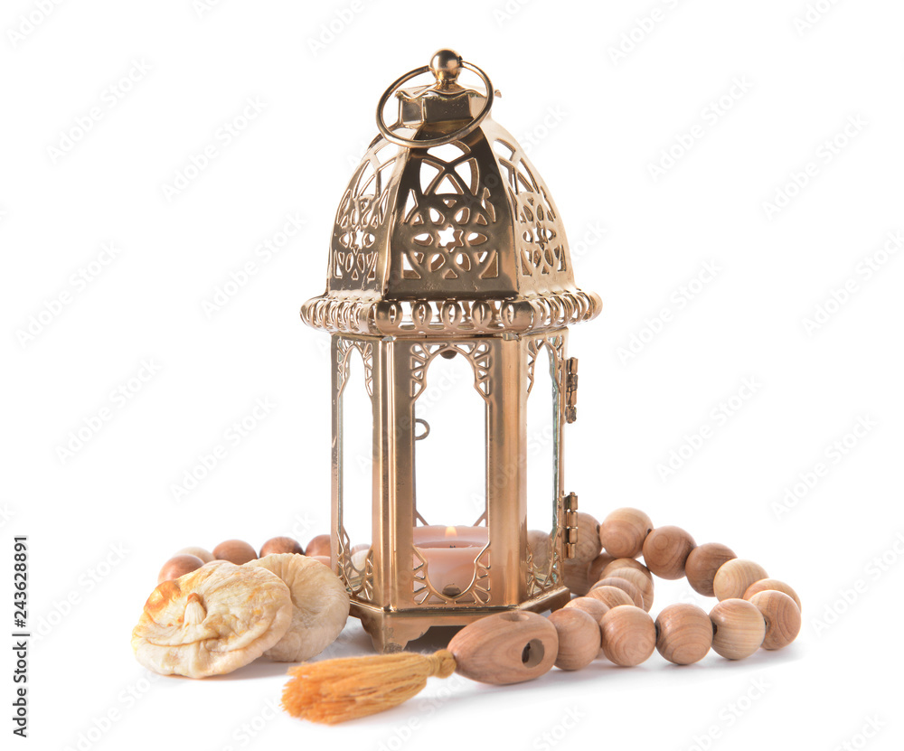Muslim lamp as Ramadan symbol and tasbih on white background