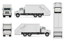Garbage Truck Vector Mockup For Vehicle Branding, Advertising, Corporate Identity. Isolated Template Of Realistic Waste Lorry On White Background. All Elements In The Groups On Separate Layers