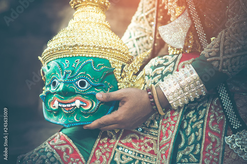 Cuadros en Lienzo A burly young man who shaped the role of the Asian Thunder Giant from Ramayana compositions are holding mask in hand