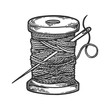 © Oleksandr Pokusai - Spool of thread and needle engraving vector illustration. Scratch board style imitation. Hand drawn image.