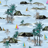 Fototapeta Konie - Beautiful seamless island pattern. Summer trends bright seamless colorful island pattern on light blue background. Landscape with palm trees, beach, sailing ship and ocean brush hand drawn style.