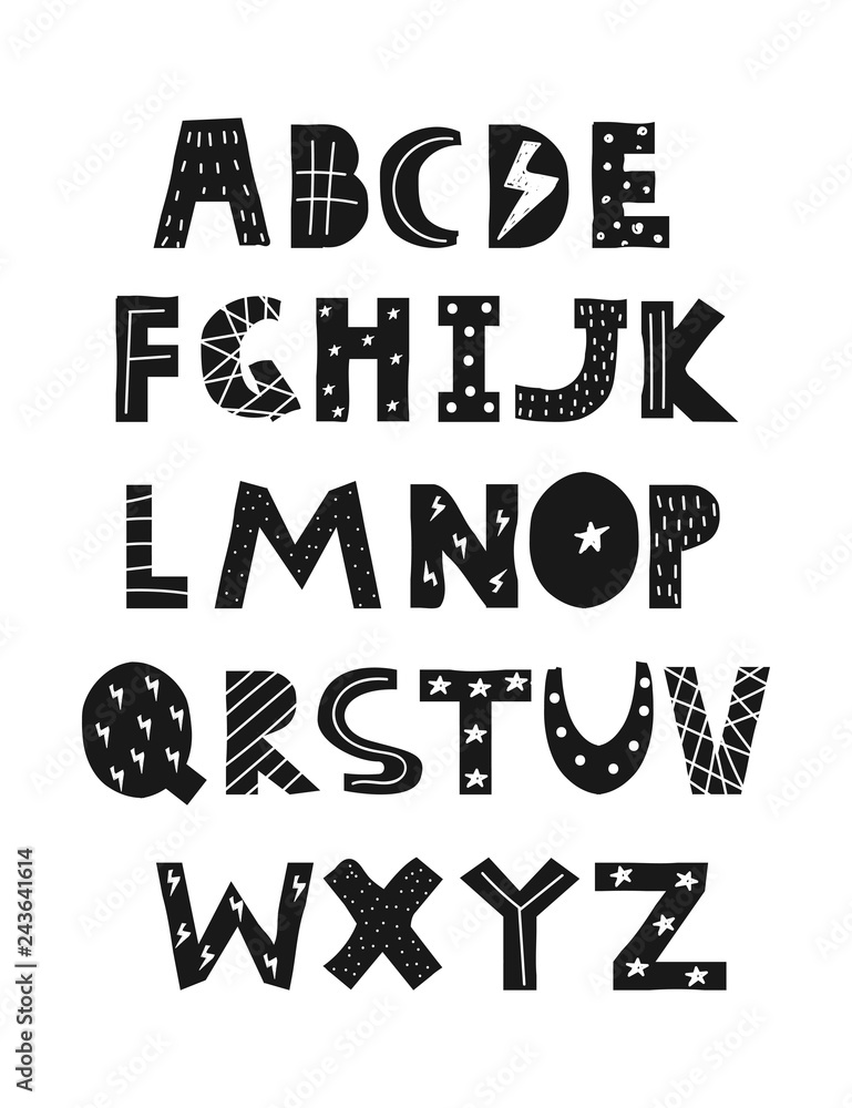 Cool kids font in trendy style. Black and white alphabet. Cute nursery poster. Vector hand drawn illustration. - obrazy, fototapety, plakaty 