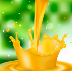 Wall Mural - A splash of orange juice with splashes. Vector realistic illustration on  ackground.