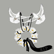 Two white pigeons flying with flower wreath with balck ribbon. Rest in Peace. Vector illustration on light background