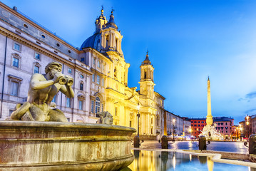  Piazza Navona and the Moor fountain, Rome, Italy, twilight view,