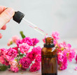 Rose oil bottle and dropper, aromatherapy and spa with roses flowers, spa setting