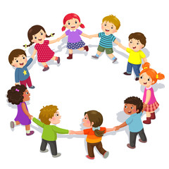 Wall Mural - Happy kids holding hands in a circle. Cute boys and girls having fun