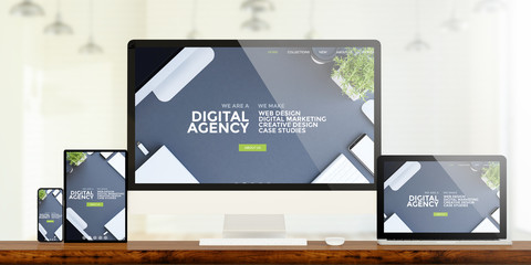 Canvas Print - digital agency website devices on wooden desktop