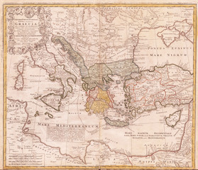 Fototapete - Old Map of Ancient Greece and the Eastern Mediterranean, 1741, Homann Heirs