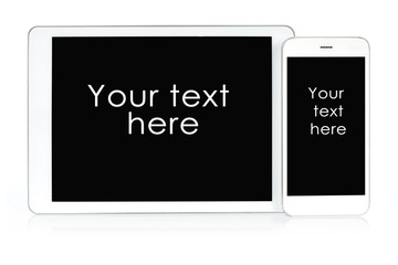 Wall Mural - mockup for responsive design presentation - white digital tablet and smartphone with sample text.