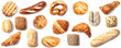 Bread roll bakery variety high angle panorama banner cutout on white