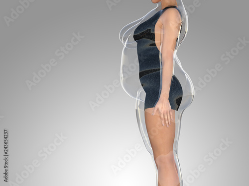 Fotografía Conceptual fat overweight obese female vs slim fit healthy body after weight loss or diet with muscles thin young woman on gray
