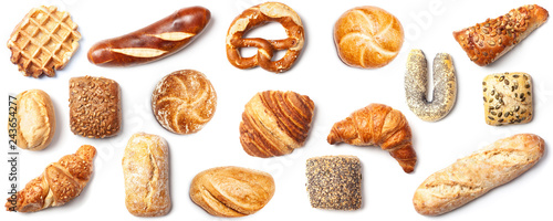 Cuadros en Lienzo Bread roll bakery variety high angle panorama banner cutout on white