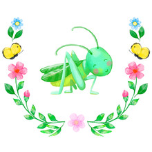 Wreath Composition With  Grasshopper, Yellow Butterflies And Flowers. Watercolor Illustration. Kawaii Style