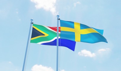 Sweden and South Africa, two flags waving against blue sky. 3d image