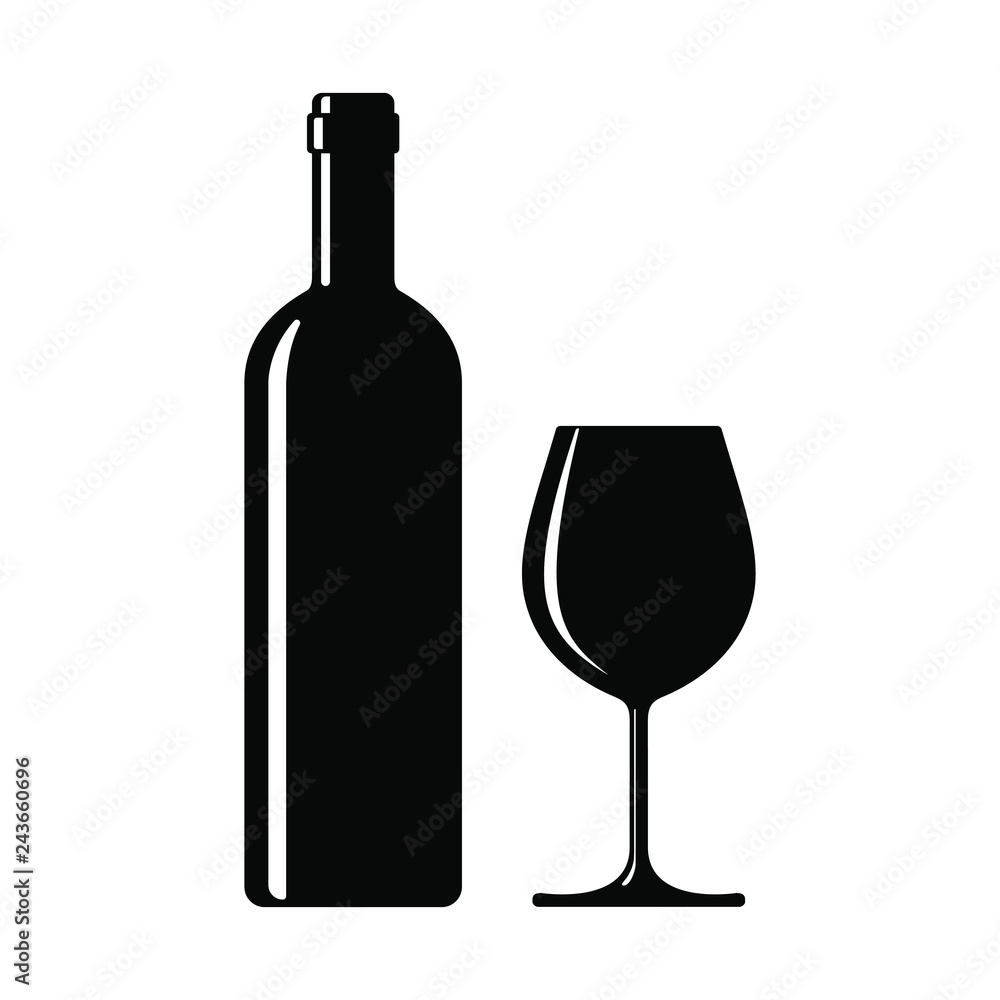 Wine bottle with wine glass icon isolated on white background. Vector illustration. - obrazy, fototapety, plakaty 